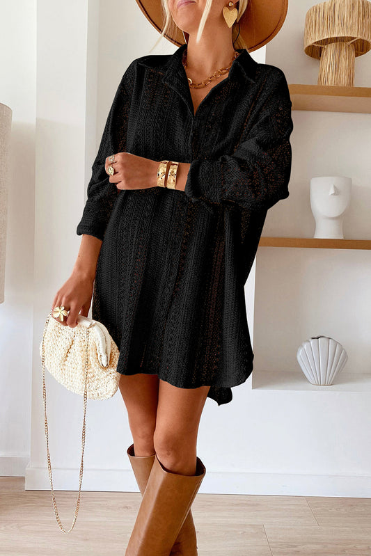 Black Lace Crochet Collared Button Up Oversized Shirt