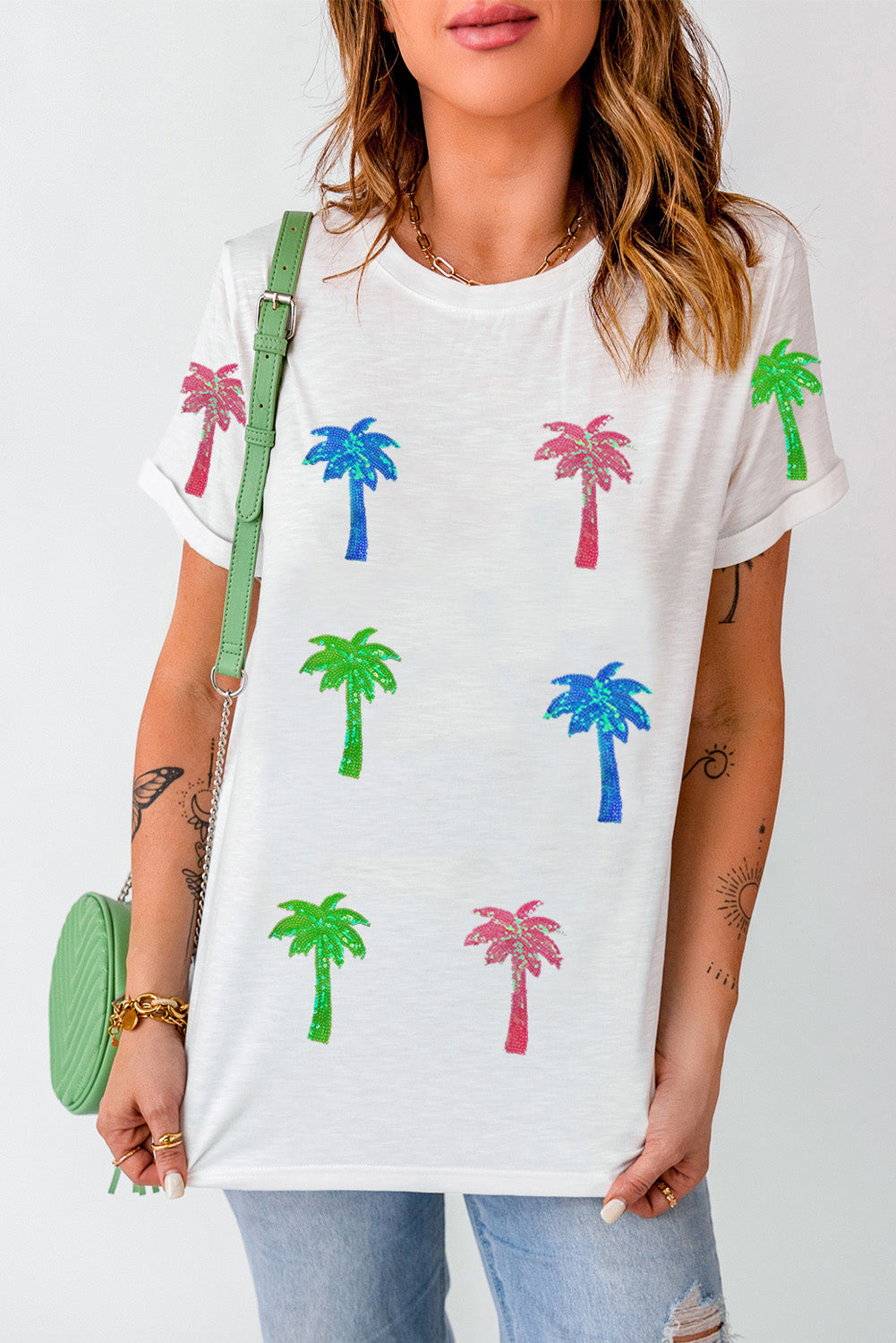 White Sequin Coconut Tree Graphic T Shirt Graphic Tees JT's Designer Fashion