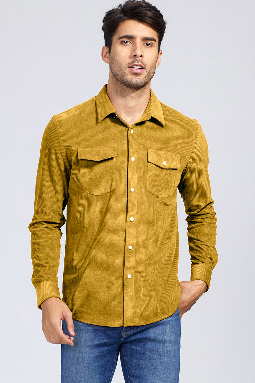 Yellow Men Corduroy Flap Pocket Button Front Shirt Men's Tops JT's Designer Fashion