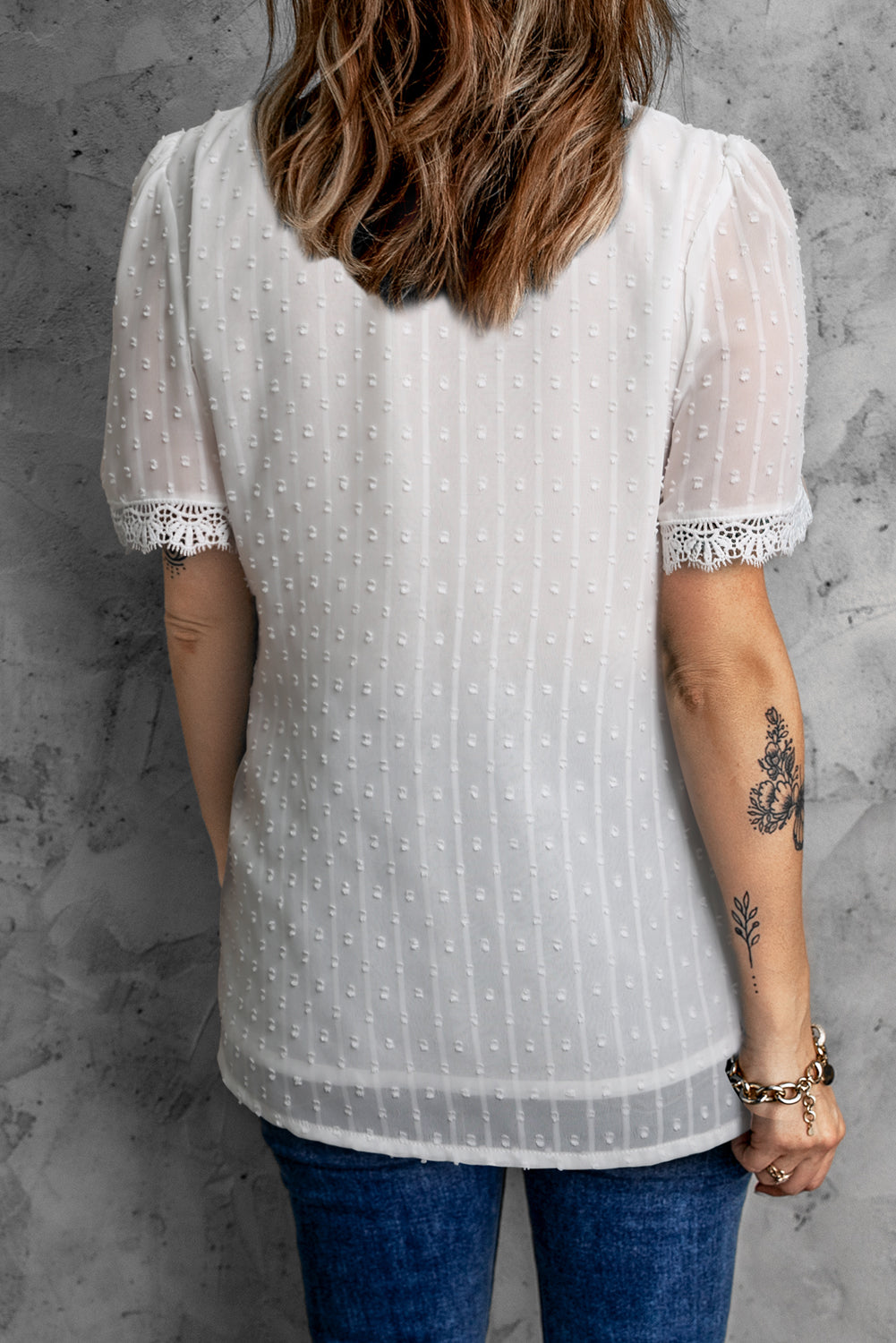 White Lace Splicing V-Neck Swiss Dot Short Sleeve Top Family T-shirts JT's Designer Fashion