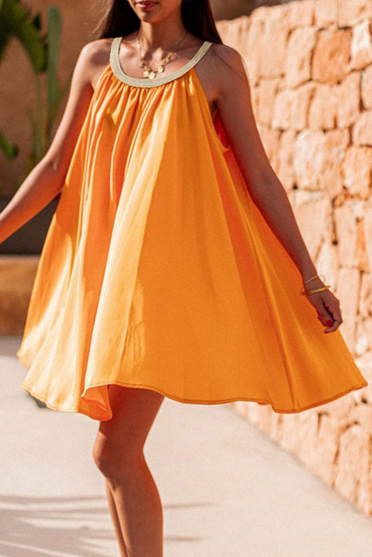 Vitality Orange Boho Woven Neckline Sleeveless Babydoll Dress Mini Dresses JT's Designer Fashion