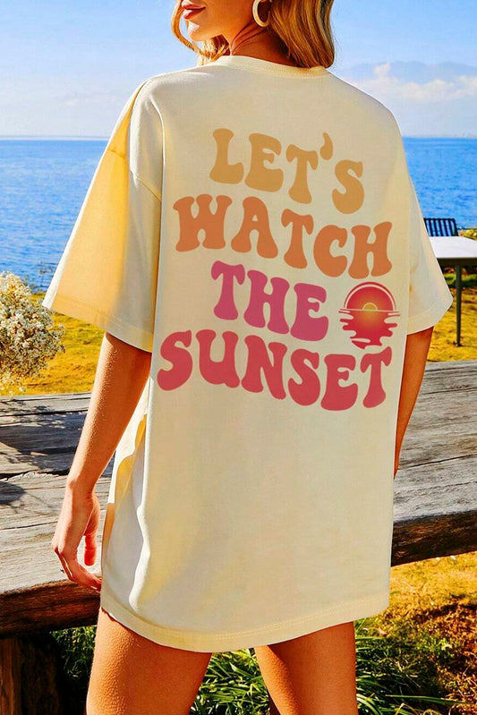 Yellow Cream Back LET'S WATCH THE SUNSET Print Half Sleeve Tee Pre Order Tops JT's Designer Fashion