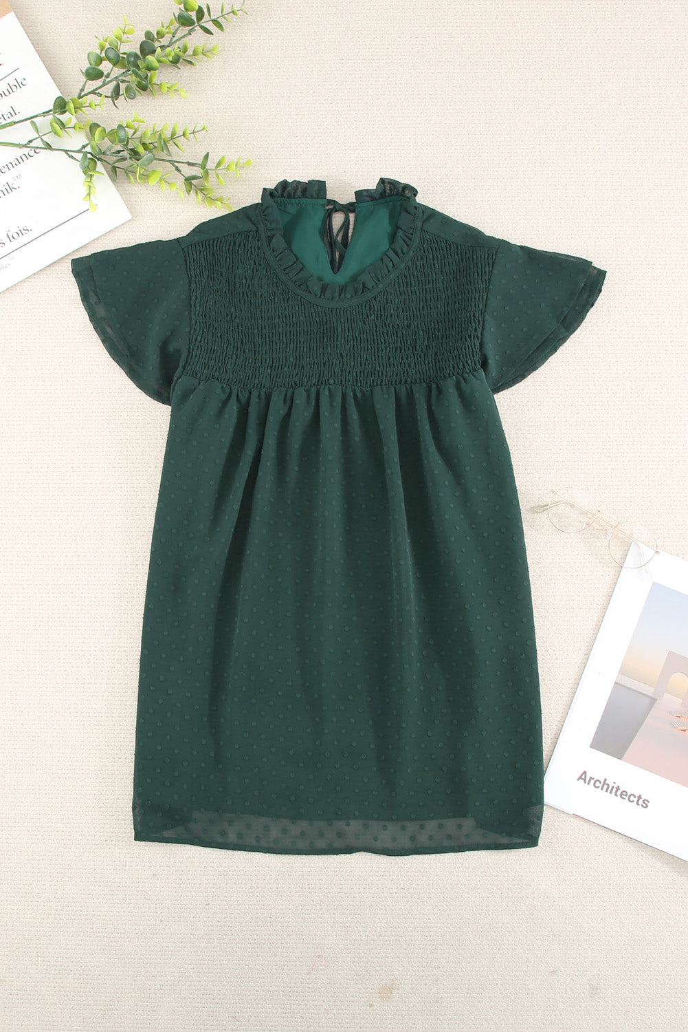 Green Tiered Sleeve Frilled Neck Dotted Top Family T-shirts JT's Designer Fashion