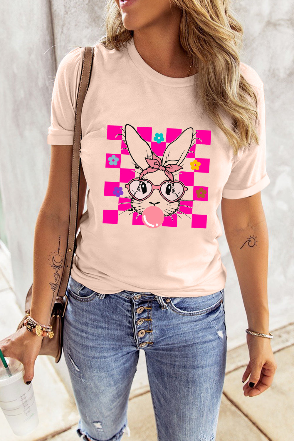 Pink Easter Rabbit Checkered Flower Print O-neck T Shirt Graphic Tees JT's Designer Fashion