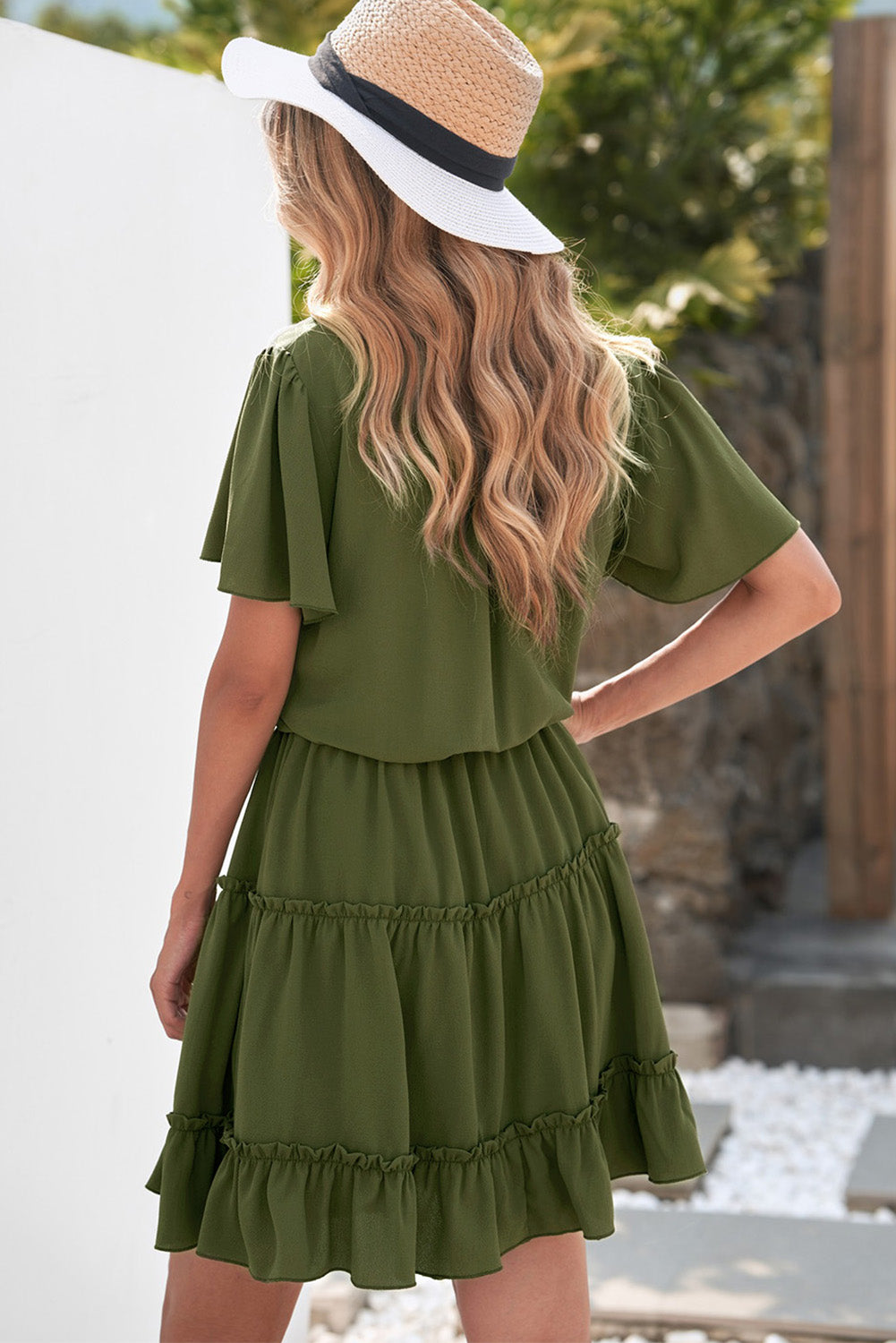 Green V Neck Ruffled Swing Mini Dress Mini Dresses JT's Designer Fashion