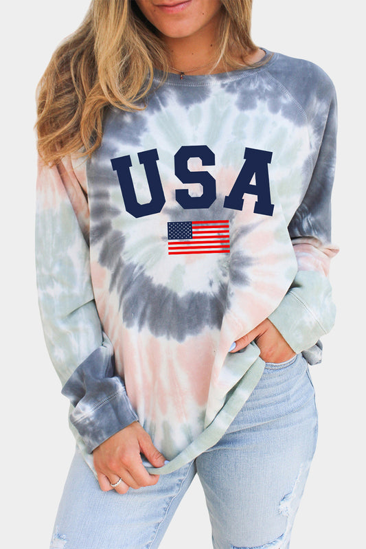 Multicolor USA Flag Pattern Tie Dye Print Graphic Sweatshirt Graphic Sweatshirts JT's Designer Fashion