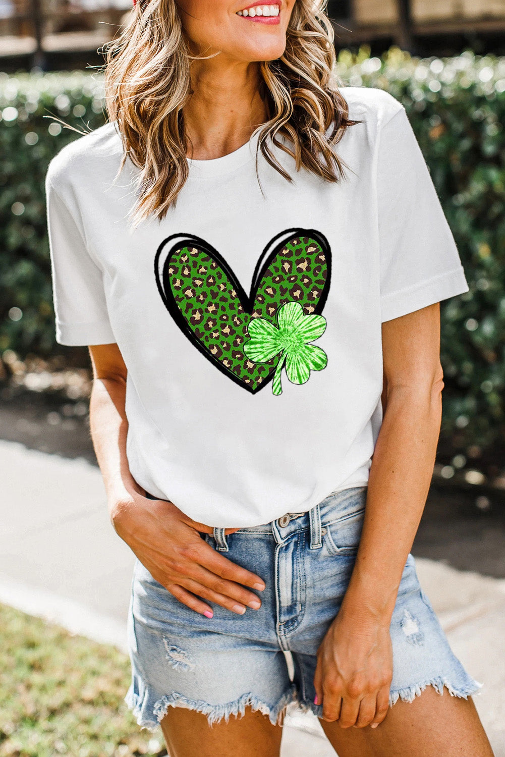 White Clover Leopard Heart Shaped Print Crewneck Graphic Tee Graphic Tees JT's Designer Fashion