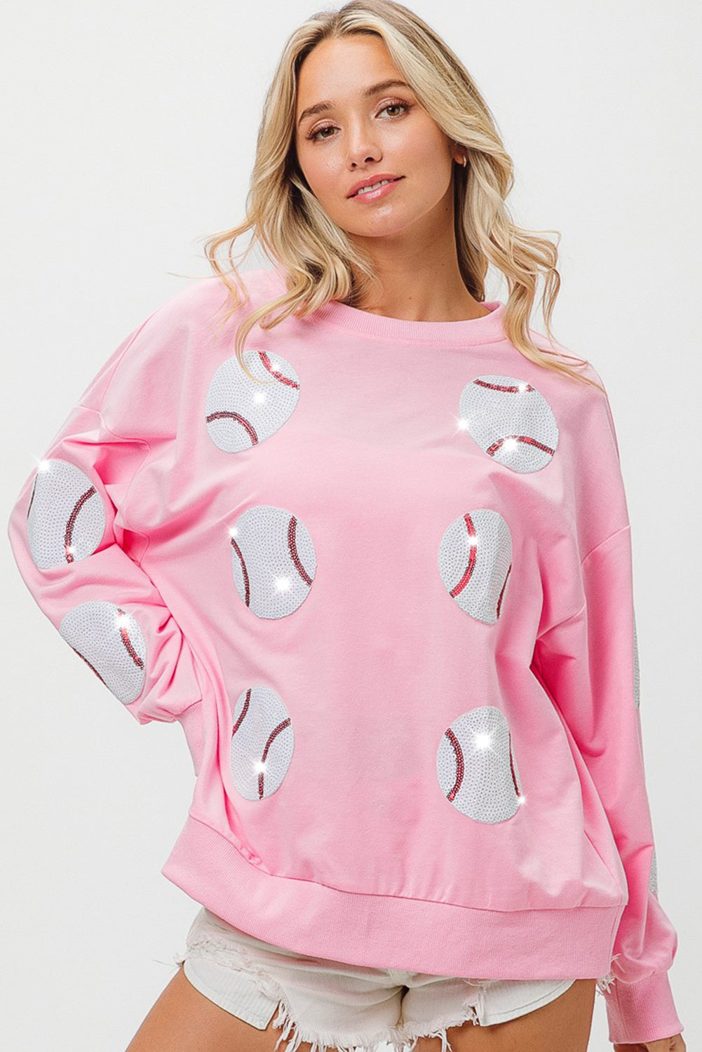 Pink Sequin Baseball Patched Pullover Sweatshirt Graphic Sweatshirts JT's Designer Fashion