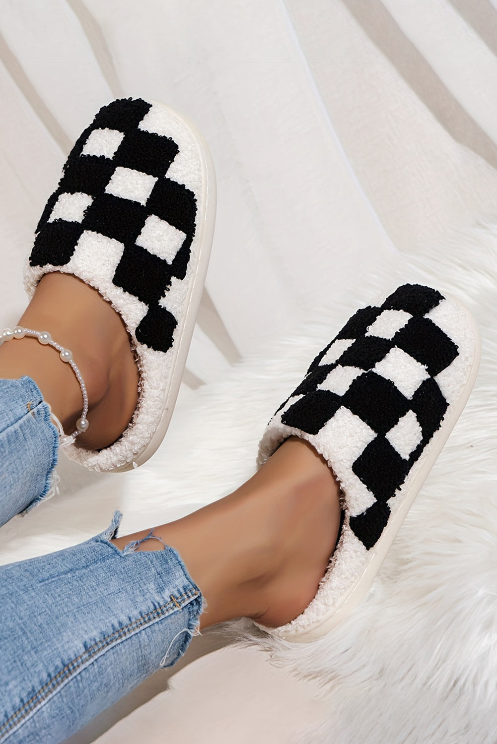 Black Checkered Print Fuzzy Slip On Winter Slippers Slippers JT's Designer Fashion