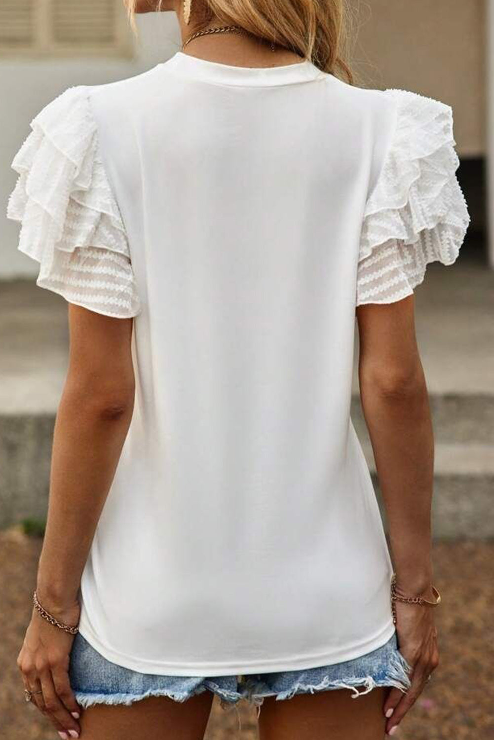 White Sheer Ruffle Sleeve Crew Neck Top Pre Order Tops JT's Designer Fashion