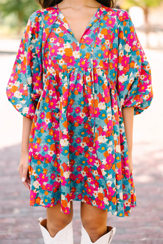 Sky Blue Floral Print Tie Split Neck Bubble Sleeve Babydoll Dress Floral Dresses JT's Designer Fashion