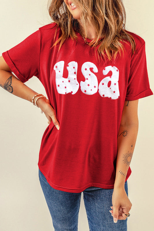 Red USA Stars Print Round Neck O Neck Casual Tee Graphic Tees JT's Designer Fashion