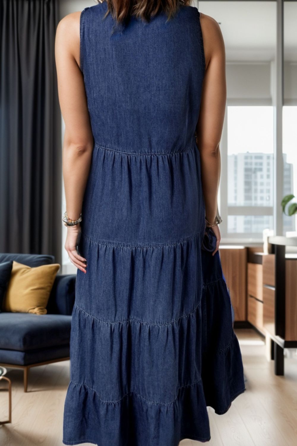 Tie Neck Sleeveless Denim Dress Midi Dresses JT's Designer Fashion