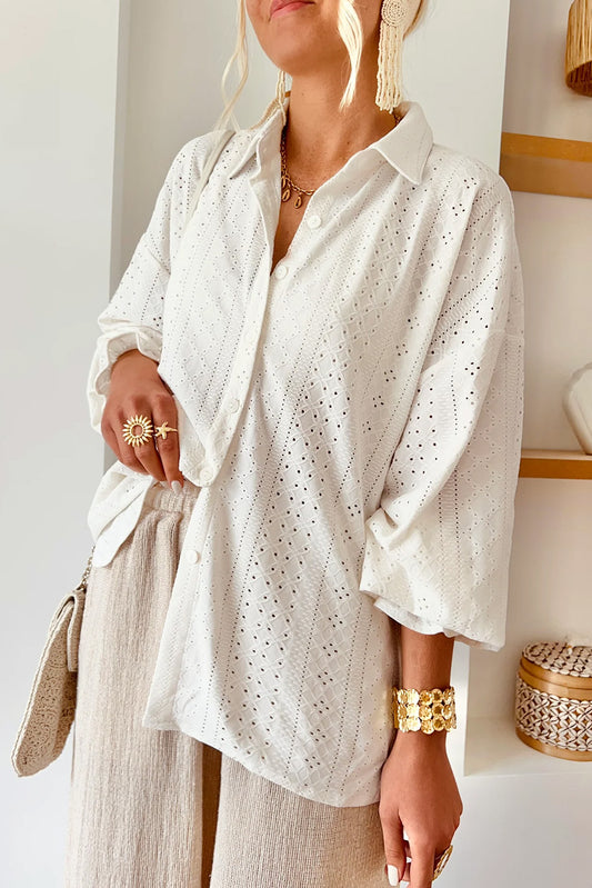 White Embroidered Ruffled Bubble Sleeve Loose Shirt