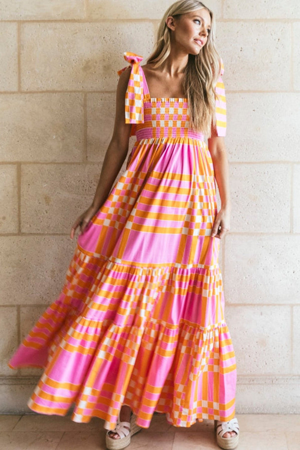 Pink Boho Gingham/Floral Tied Straps Smocked Maxi Dress Pre Order Dresses JT's Designer Fashion