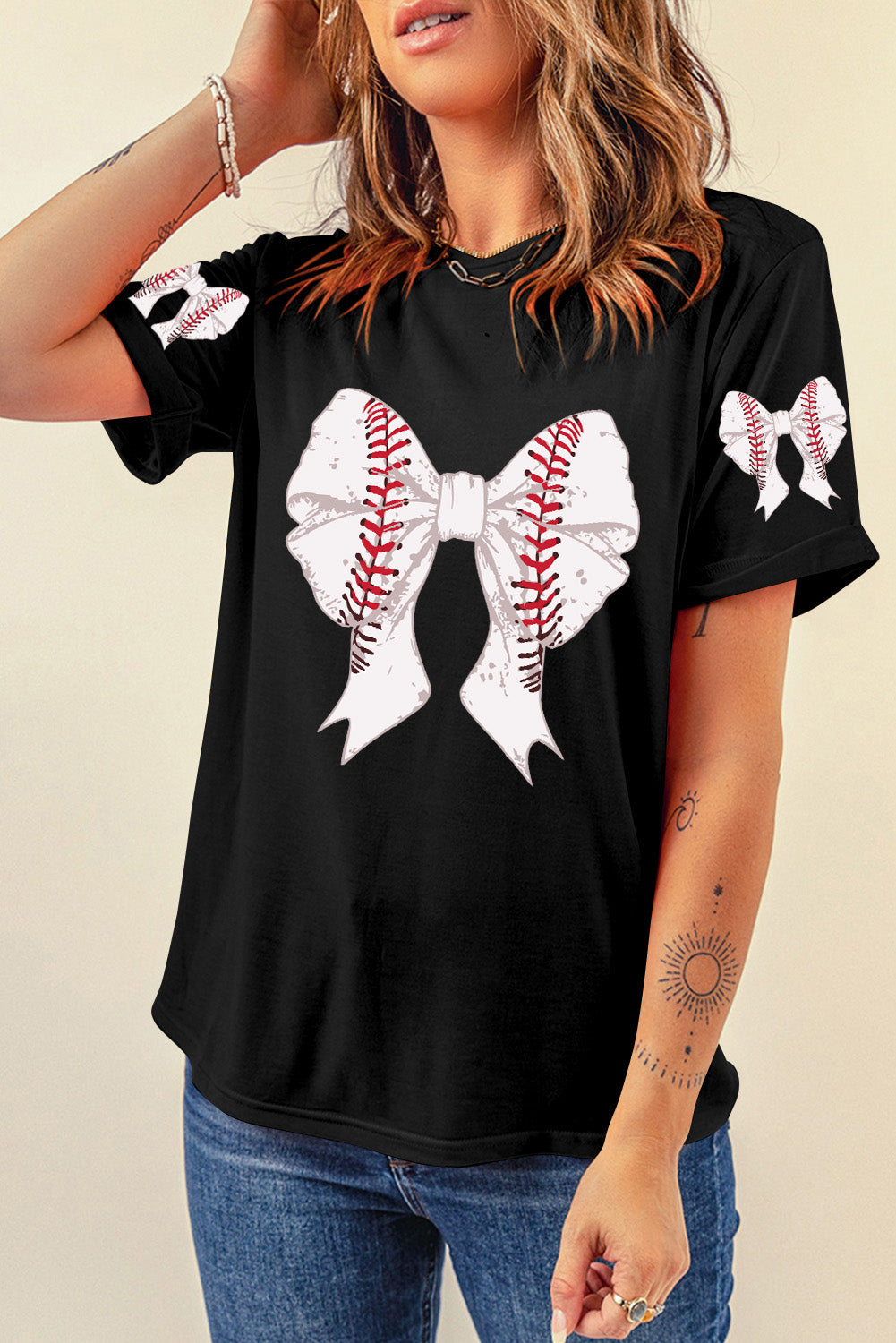 Black Baseball Bowknot Graphic Relaxed T Shirt Graphic Tees JT's Designer Fashion