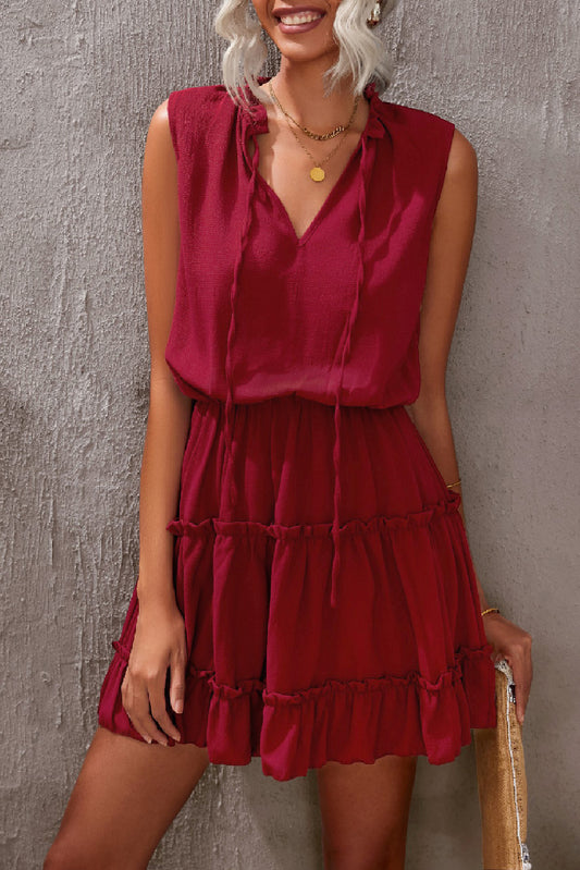 Wine Red Sleeveless V Neck Ruffled Swing Mini Dress Mini Dresses JT's Designer Fashion