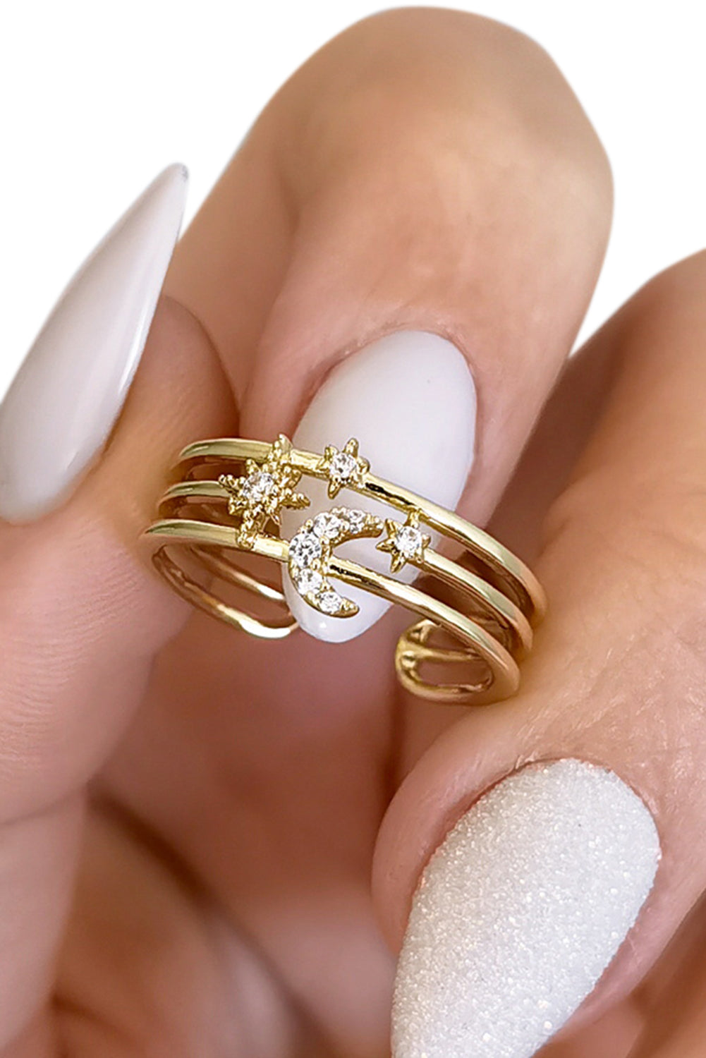 Moon Star Rhinestone Wire Wrap Adjustable Ring Jewelry JT's Designer Fashion