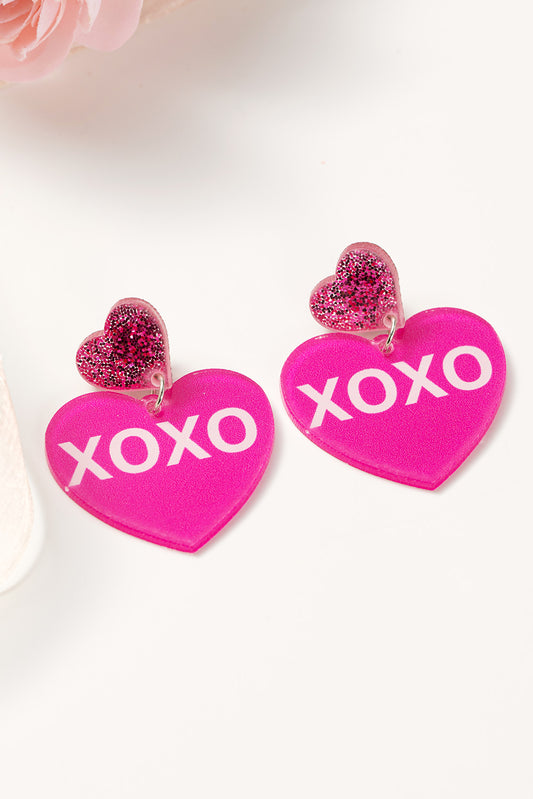 Rose Red Valentine XOXO Print Double Heart Shape Earrings Jewelry JT's Designer Fashion