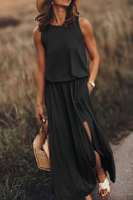 Black Solid Sleeveless Tunic Maxi Dress with Split Black 60%Polyester+35%Viscose+5%Elastane Maxi Dresses JT's Designer Fashion