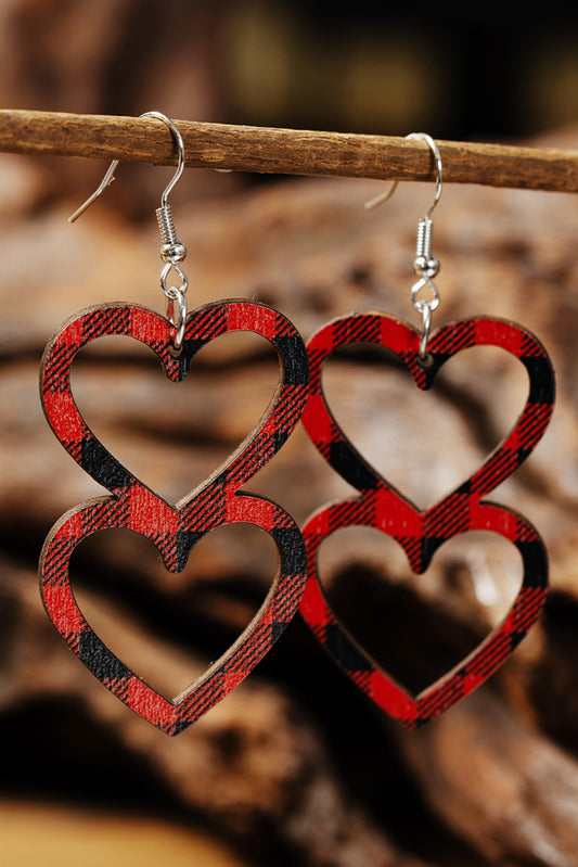 Fiery Red Valentines Day Plaid Double Love Heart Wooden Earrings Jewelry JT's Designer Fashion