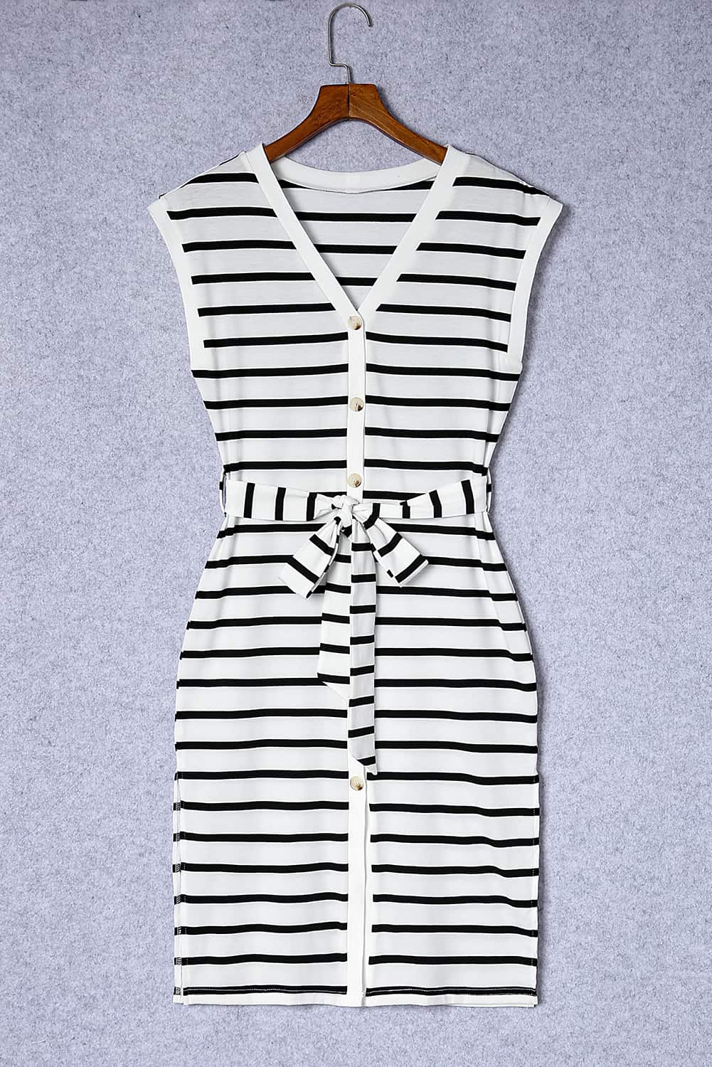 Striped Button Slit Tie V-Neck Midi Dress Midi Dresses JT's Designer Fashion