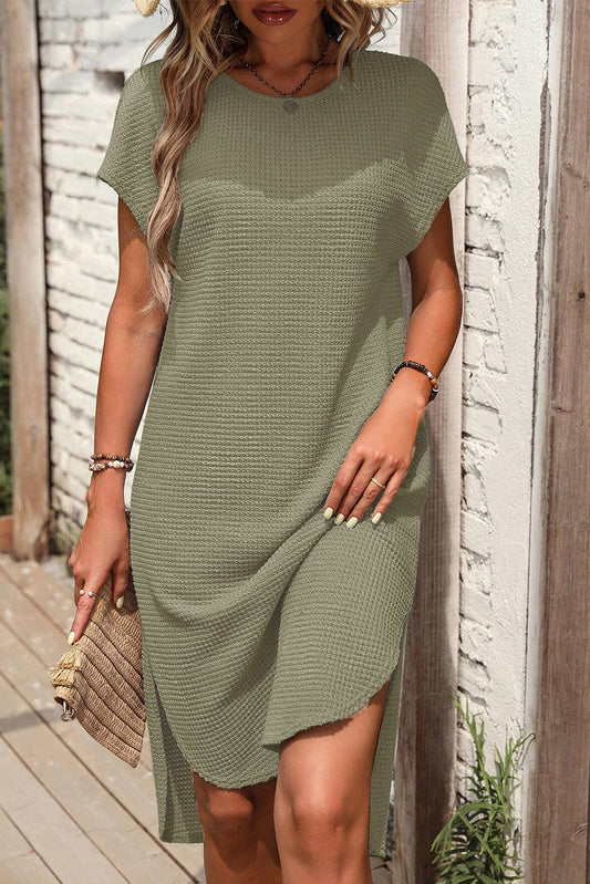 Jungle Green Waffle Texture Curved Hem Side Slit T-shirt Dress T Shirt Dresses JT's Designer Fashion