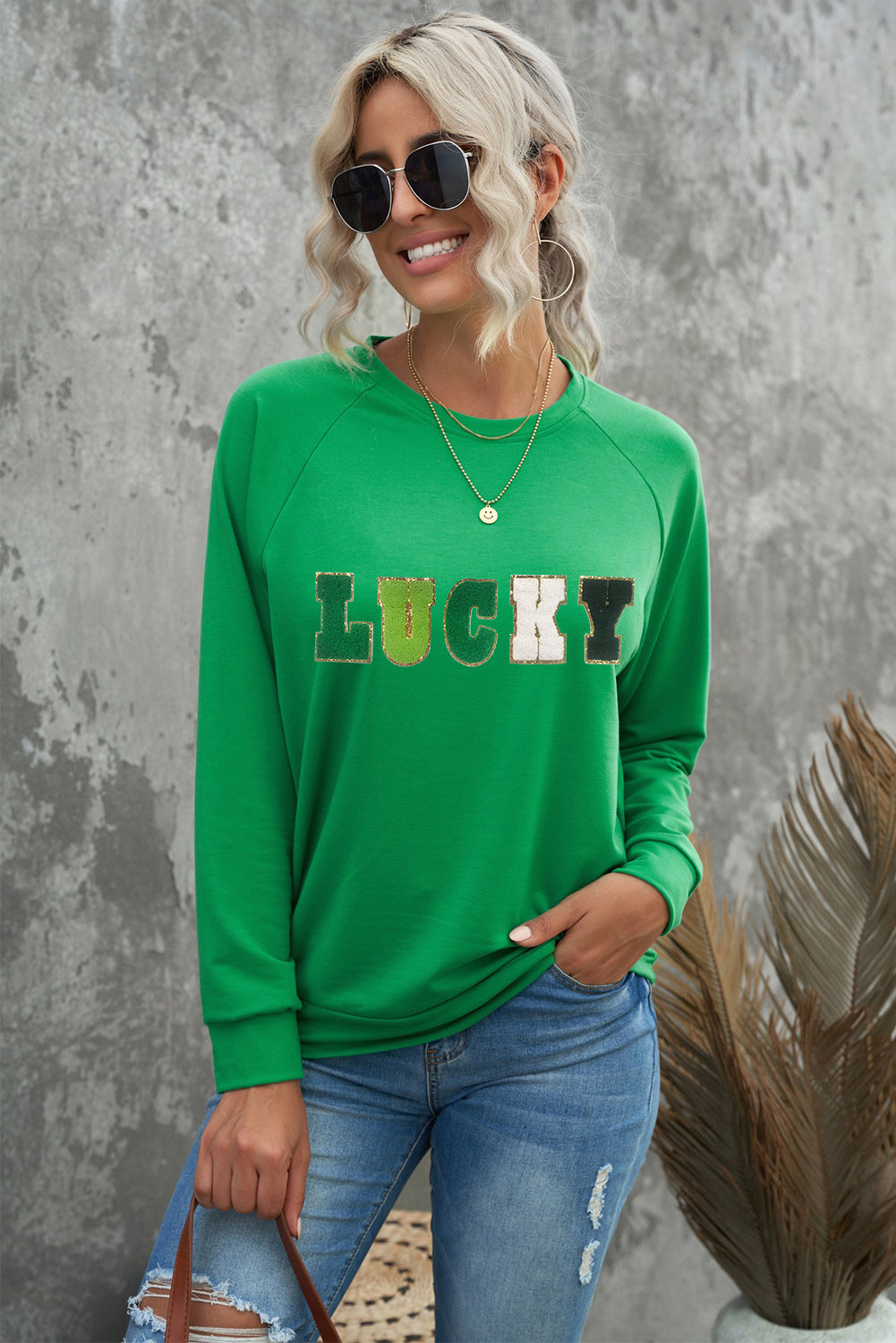 Green St Patricks LUCKY Chenille Embroidered Graphic Sweatshirt Graphic Sweatshirts JT's Designer Fashion