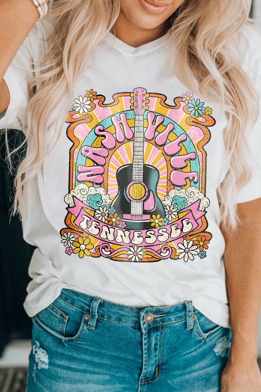 White NASHIVILLE Guitar Graphic Country Music T Shirt Graphic Tees JT's Designer Fashion