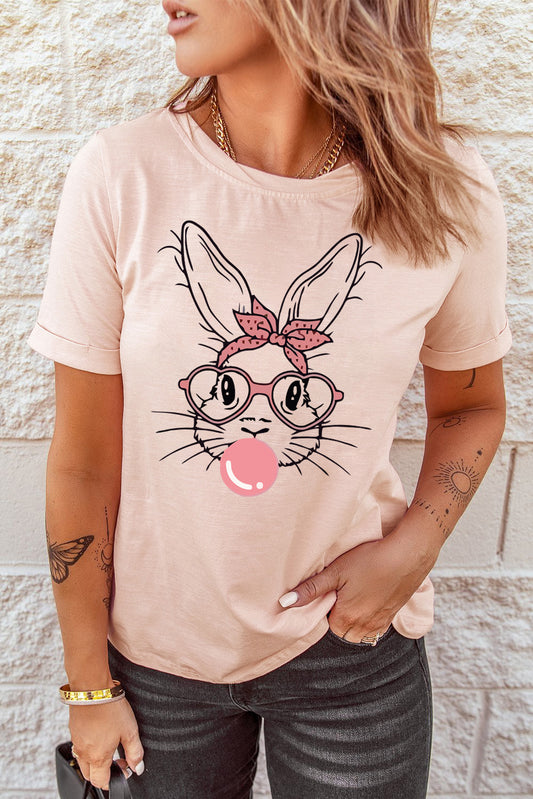 Pink Bubblegum Bunny Graphic Print Easter Fashion Tee Pink 95%Polyester+5%Elastane Graphic Tees JT's Designer Fashion