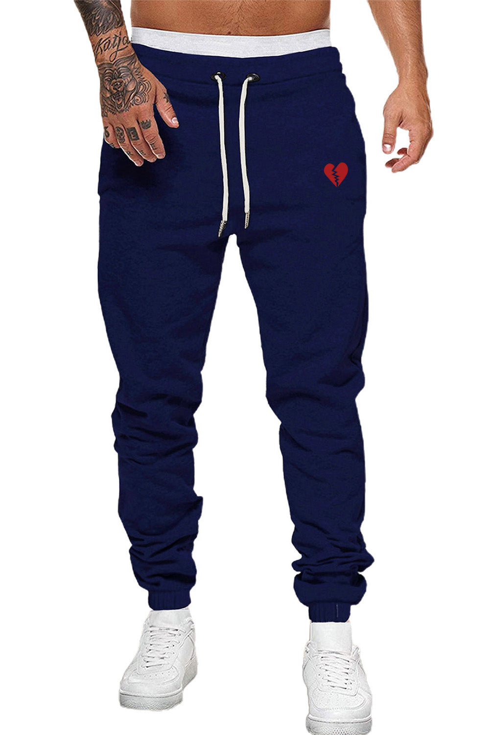 Navy Heart Break Print Drawstring Waist Men's Sweatpants Men's Pants JT's Designer Fashion