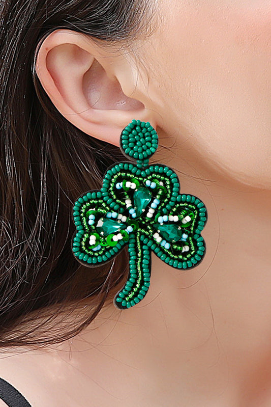 Blackish Green St Patrick Shamrock Rice Beaded Stud Earrings Jewelry JT's Designer Fashion