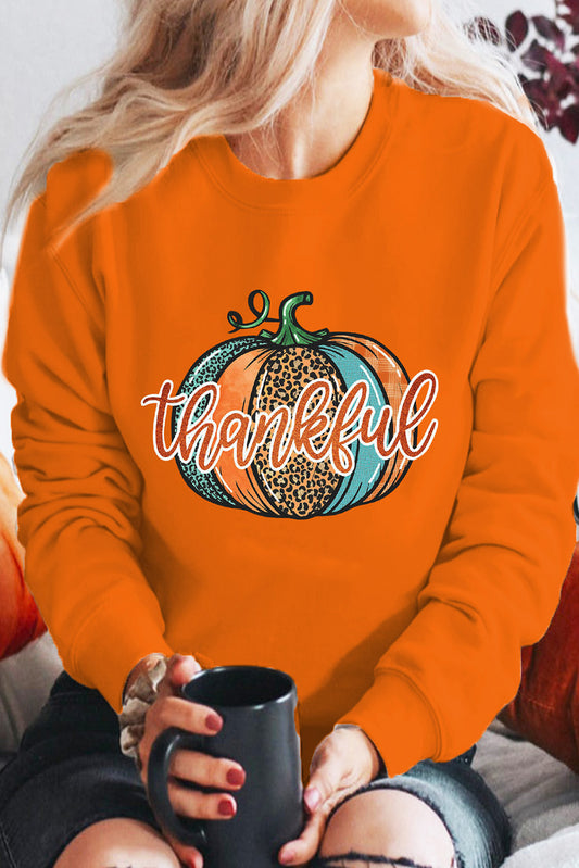 Orange Cute Halloween Thankful Leopard Pumpkin Graphic Sweatshirt Graphic Sweatshirts JT's Designer Fashion