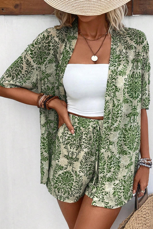 Green Vintage Floral Print Open Top and Shorts Outfit Short Sets JT's Designer Fashion
