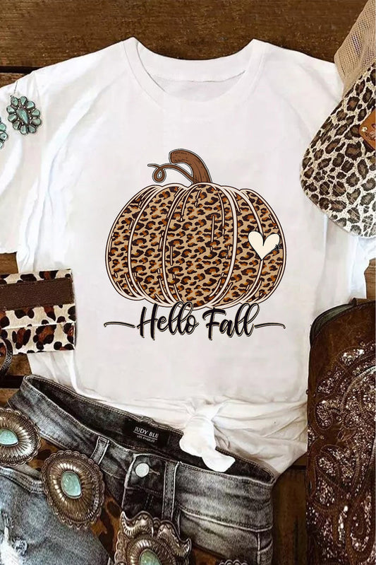 White Hello Fall Leopard Pumpkin Graphic T Shirt Graphic Tees JT's Designer Fashion