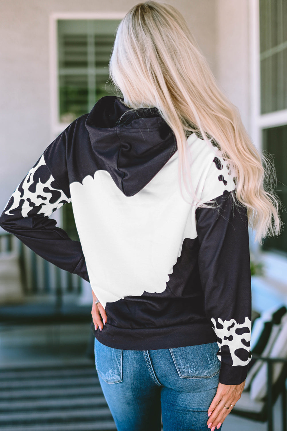 Black Cow Tie Dye Print Pocketed Drawstring Pullover Hoodie Sweatshirts & Hoodies JT's Designer Fashion
