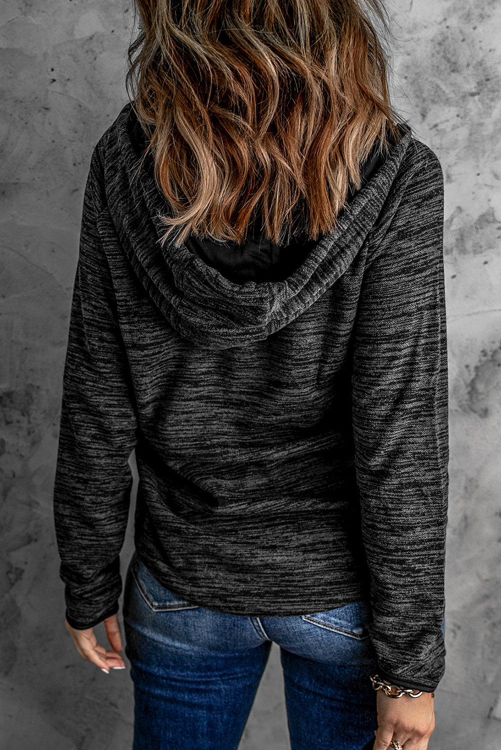 Black Heathered Print Button Snap Neck Pullover Hoodie Sweatshirts & Hoodies JT's Designer Fashion