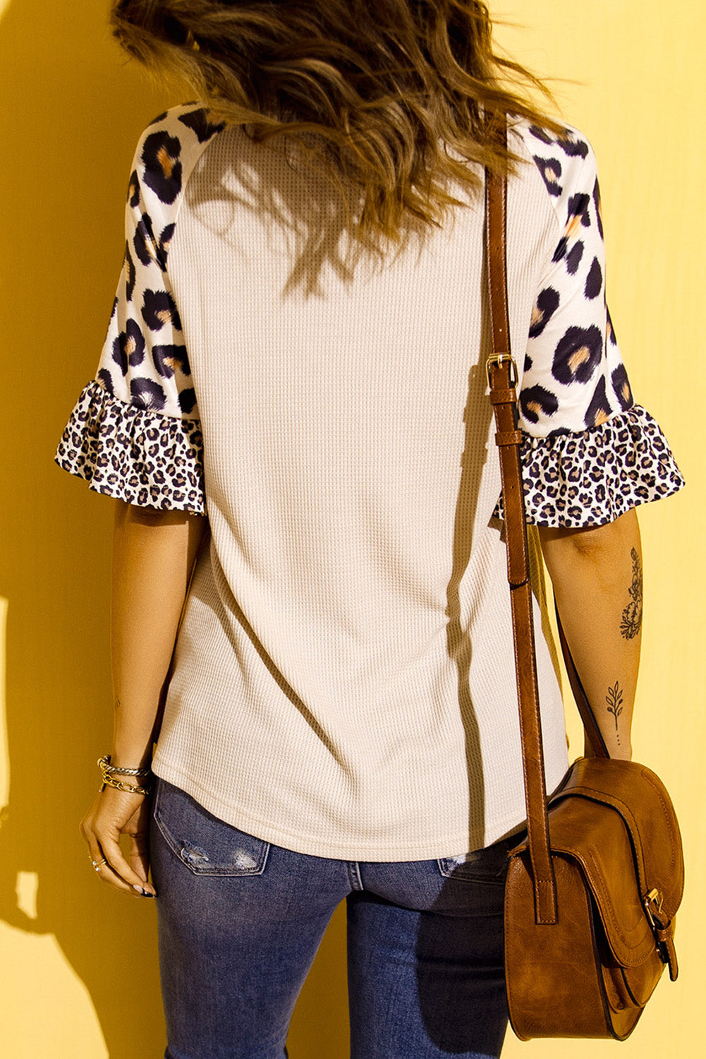 Khaki Western Pattern Leopard Patchwork Waffle Knit T Shirt Graphic Tees JT's Designer Fashion