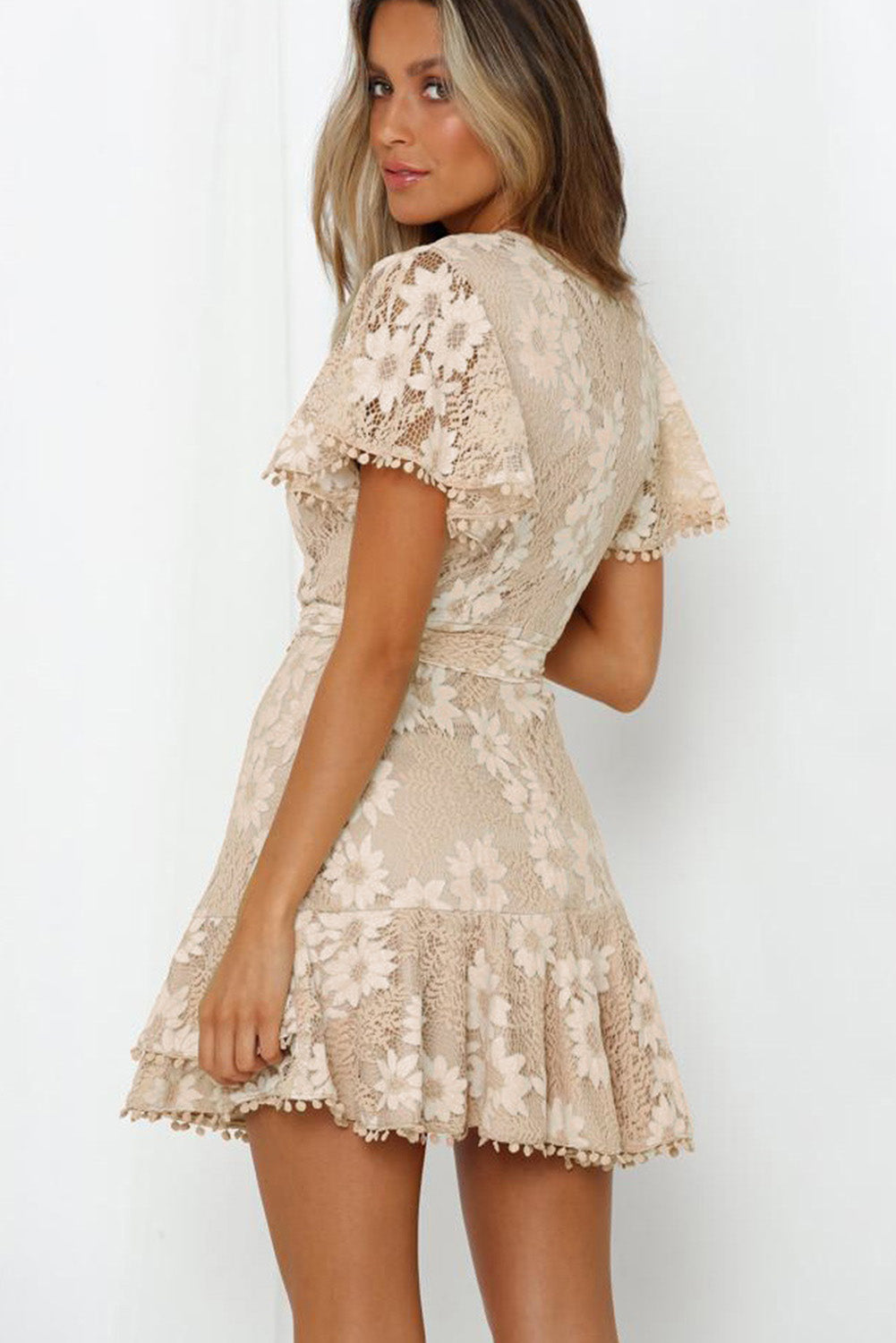 Apricot Flutter Sleeve Wrap V Neck Floral Lace Short Dress Mini Dresses JT's Designer Fashion