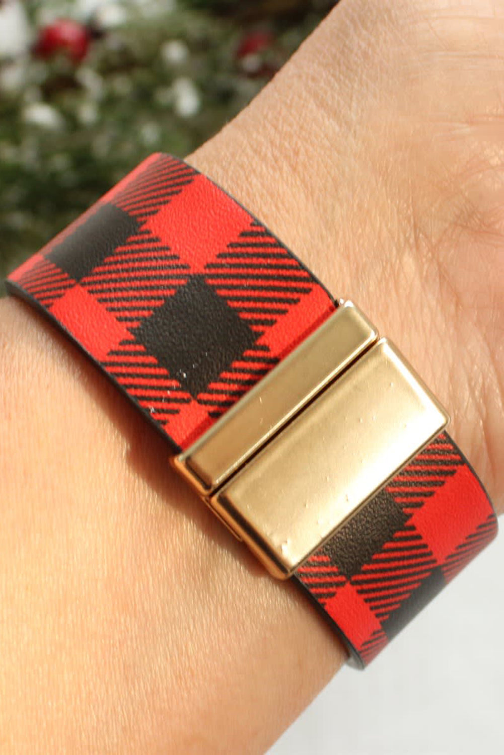 Red Plaid PU Leather Wide Bracelet 19.5cm Jewelry JT's Designer Fashion