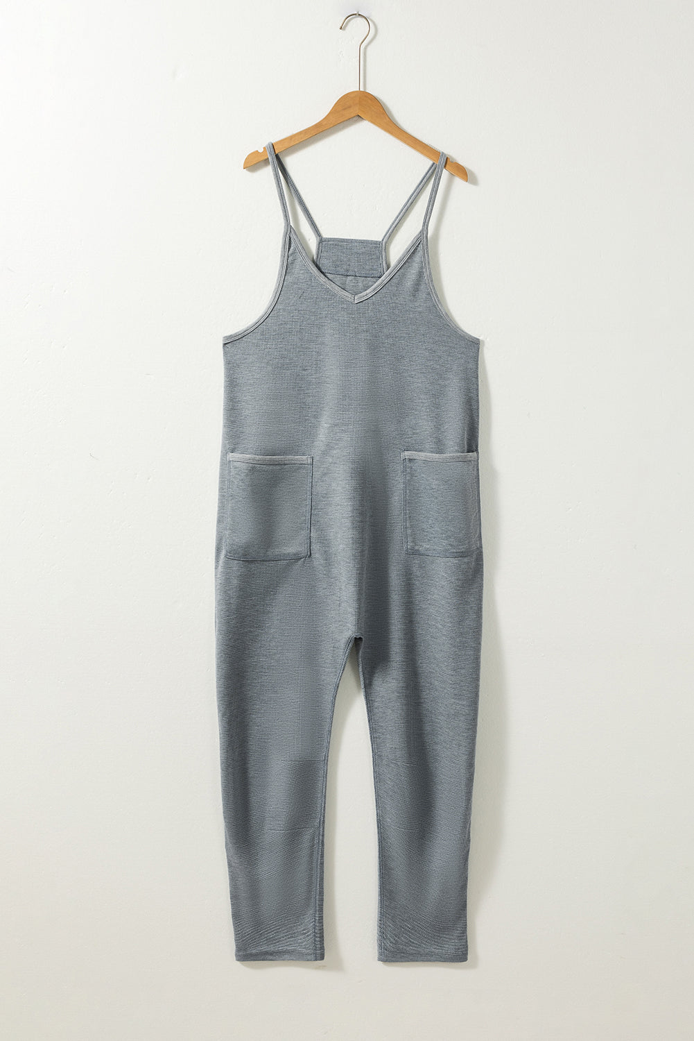 Gray Waffle Knit Spaghetti Straps Loose Fit Jumpsuit Jumpsuits & Rompers JT's Designer Fashion