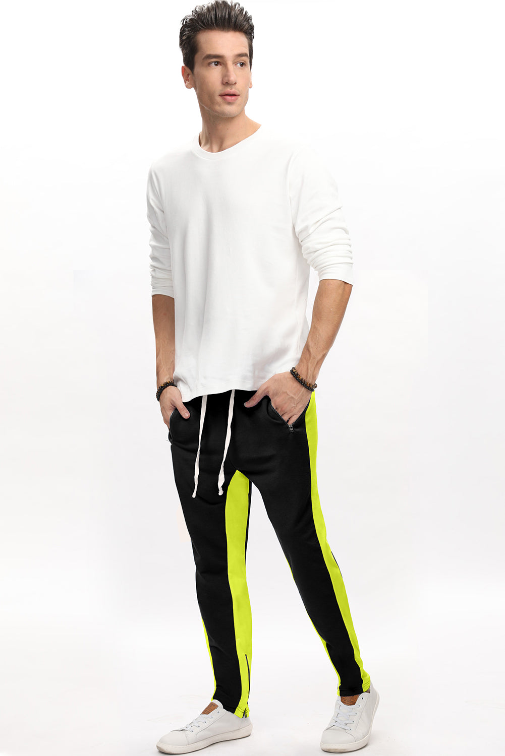 Yellow Colorblock Patchwork Zipper Casual Mens Joggers Men's Pants JT's Designer Fashion