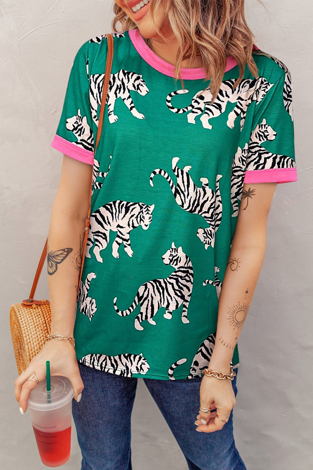 Green Contrast Round Neck Short Sleeve Tiger Print Top Pre Order Tops JT's Designer Fashion