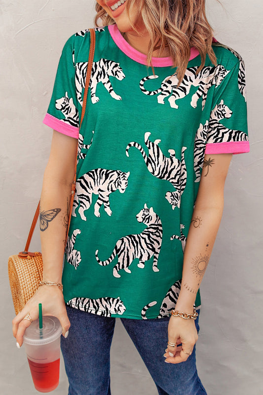 Green Contrast Round Neck Short Sleeve Tiger Print Top
