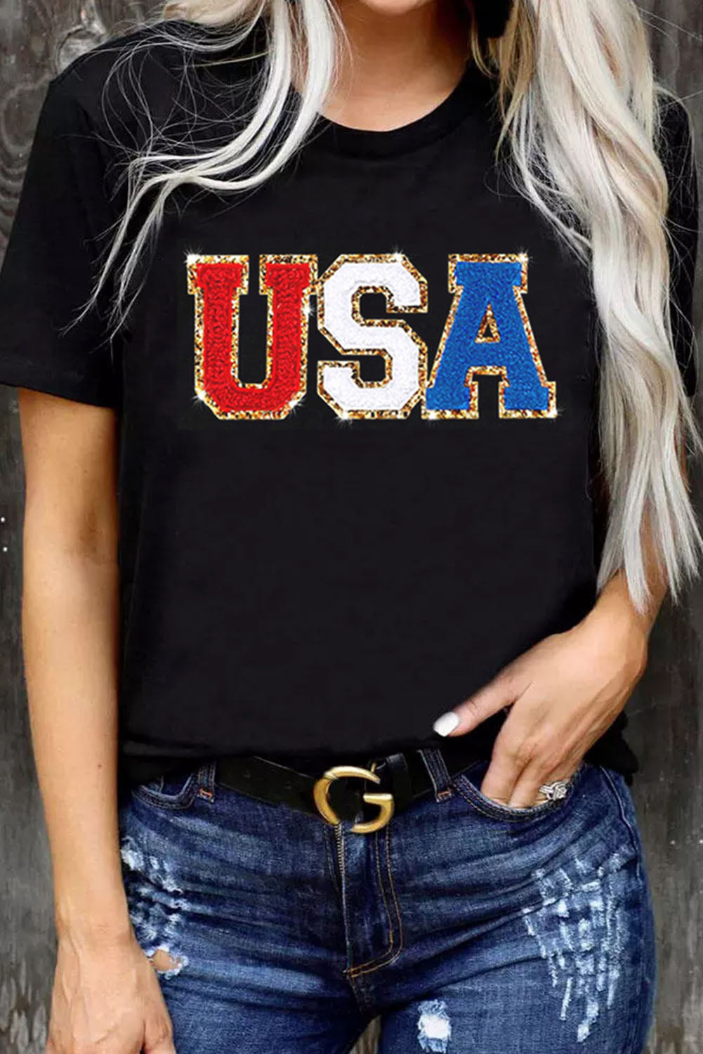Black Glitter Trim Chenille USA Graphic T Shirt Graphic Tees JT's Designer Fashion