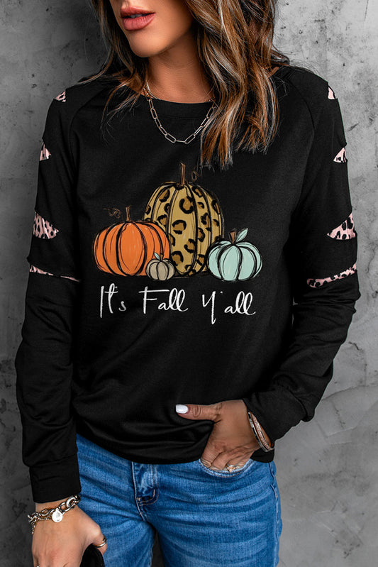Black It's Fall Y'all Pumpkin Leopard Contrast Graphic Sweatshirt Graphic Sweatshirts JT's Designer Fashion