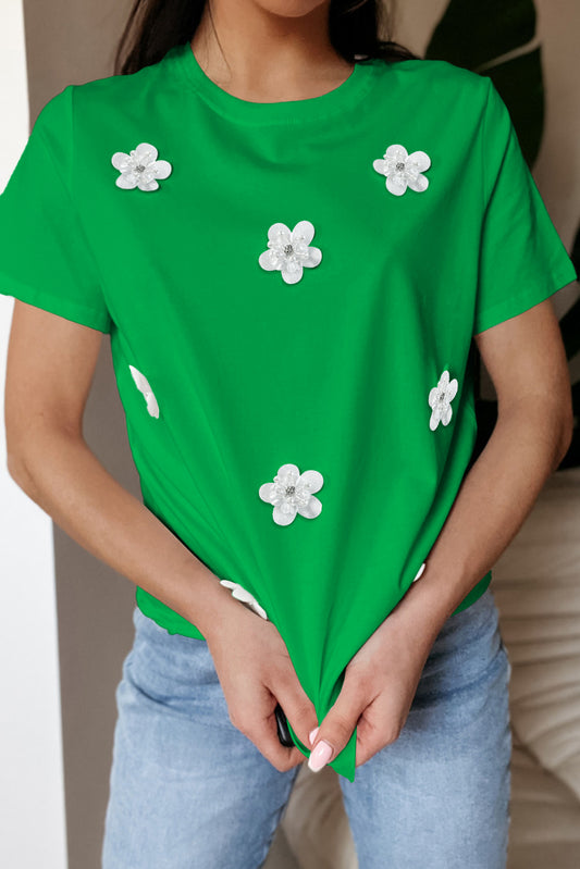 Bright Green Flower Applique Round Neck T-shirt