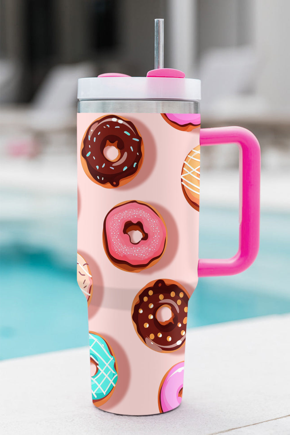 Rose Red Doughnut Pattern Stainless Vacuum Cup with Handle 40oz Tumblers JT's Designer Fashion