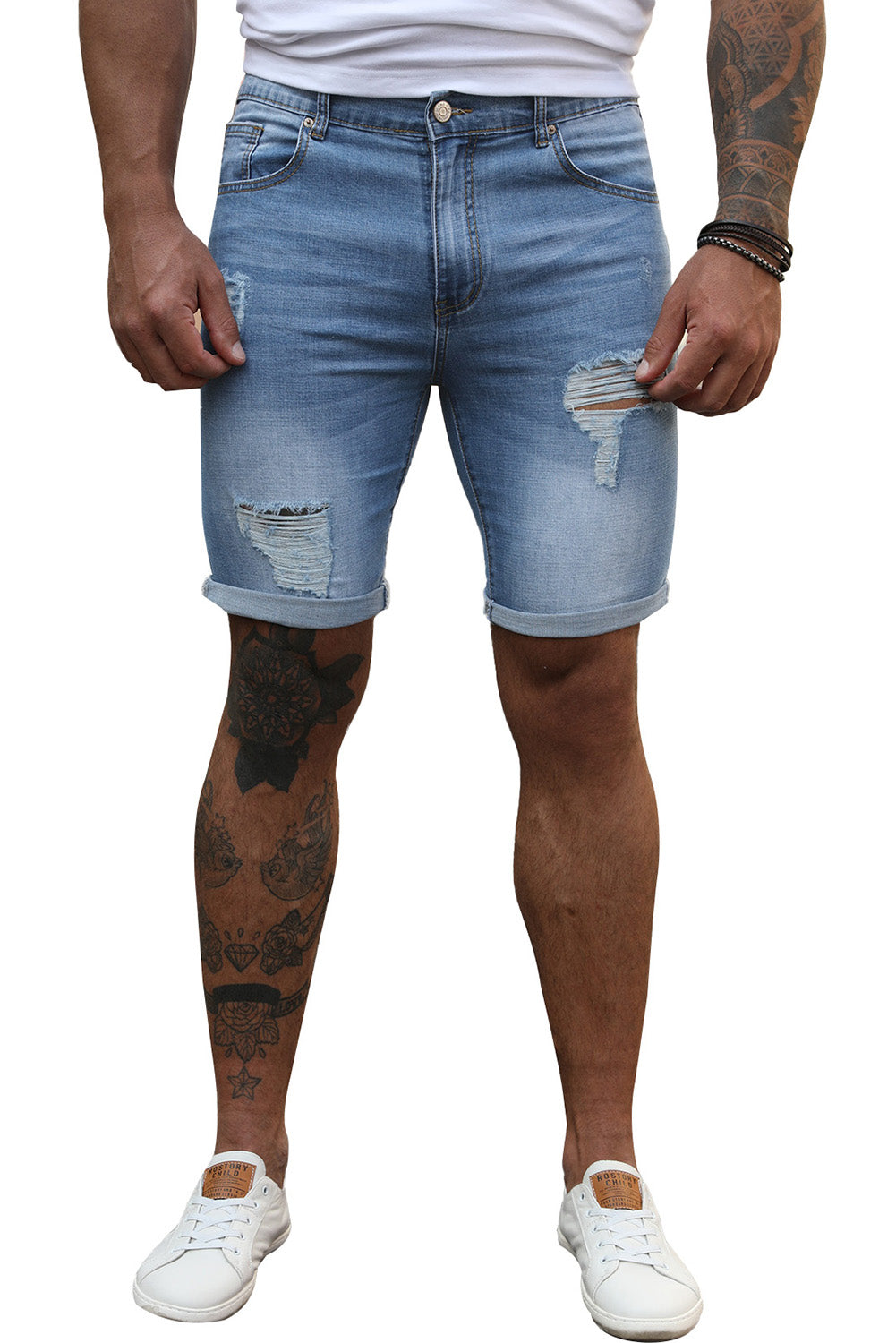 Sky Blue Distressed Low-rise Men's Denim Shorts Men's Pants JT's Designer Fashion