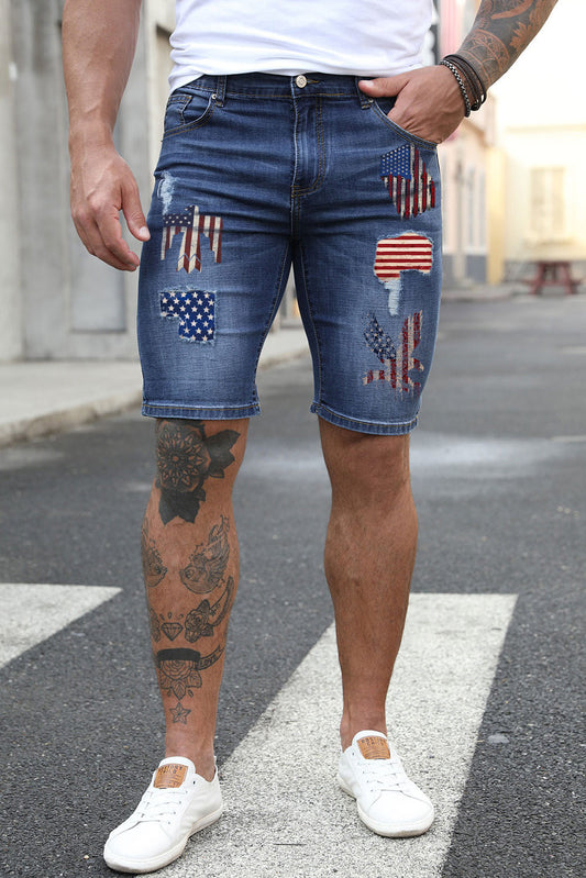 Blue American Flag Pattern Patchwork Muscle Fit Men's Jeans Blue 70%Cotton 29%Polyester 1%Elastane Men's Pants JT's Designer Fashion